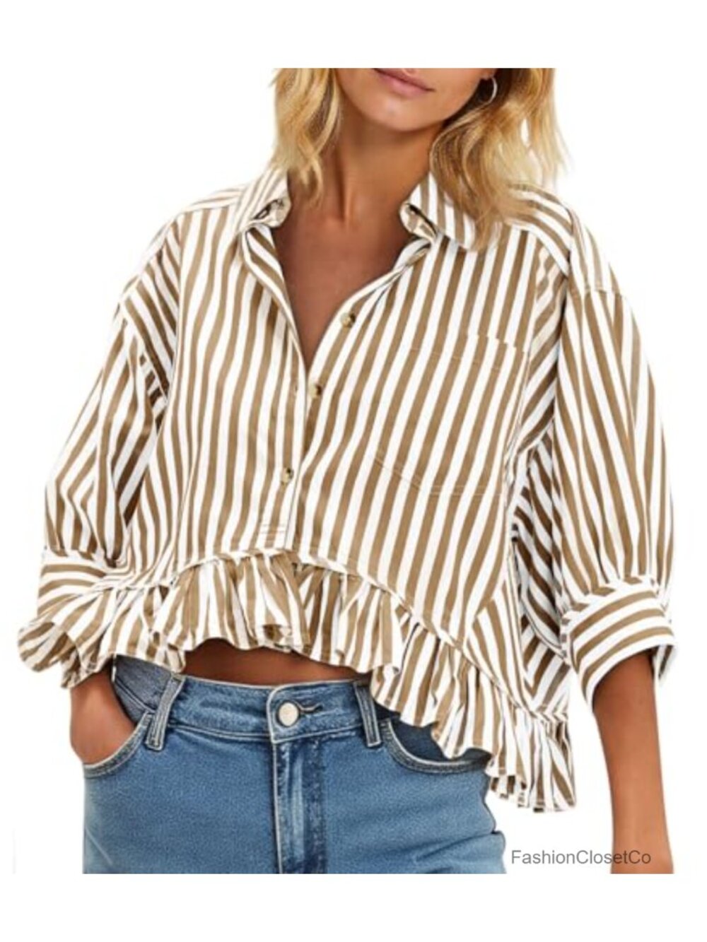 Womens Cropped Cotton Button Down Shirt Ruffle 3/4 Sleeve Blouse